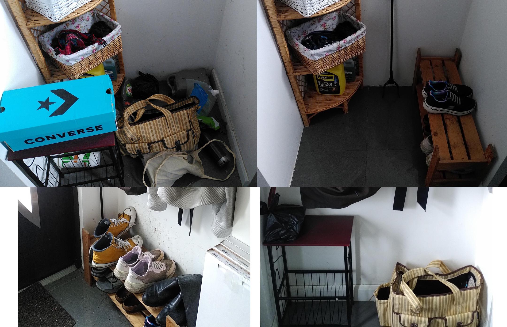 A four-picture collage. The two left-hand images are the 'before' - the top image shows a small indoor porch area with a wicker corner-shelf and a small table in front of it. On the table is a shoebox, and the floor is entirely covered with tote bags, plastic packaging, and assorted junk. The bottom shows the other side of the porch, a full shoe rack under a set of coat hooks. The right-hand images show the shoe rack on the floor next to the corner-shelf, no longer full and the floor clear of junk, and under the coat hooks is the small table, now clear, and one of the tote bags (a dog carrier).